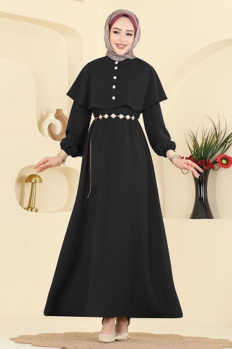 moda selvim Pelerin Detaylı Dabıl Elbise 875ART1138 Siyah - Thumbnail