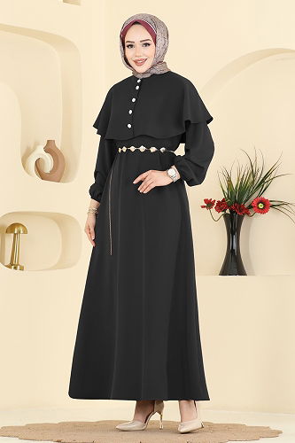 moda selvim Pelerin Detaylı Dabıl Elbise 875ART1138 Siyah - Thumbnail