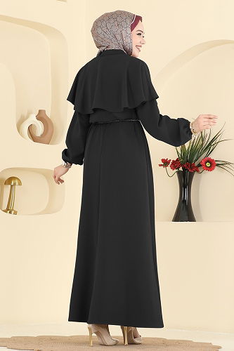 moda selvim Pelerin Detaylı Dabıl Elbise 875ART1138 Siyah - Thumbnail