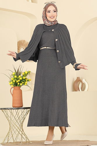 moda selvim Pelerin Detaylı Elbiseli Takım 4478BRZ597 Antrasit - Thumbnail