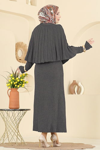 moda selvim Pelerin Detaylı Elbiseli Takım 4478BRZ597 Antrasit - Thumbnail