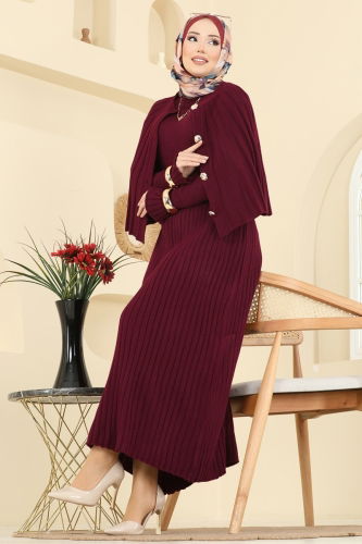 B.R.Z - Pelerin Detaylı Elbiseli Takım 4478BRZ597 Bordo