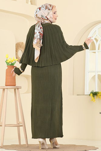 moda selvim Pelerin Detaylı Elbiseli Takım 4478BRZ597 Haki - Thumbnail