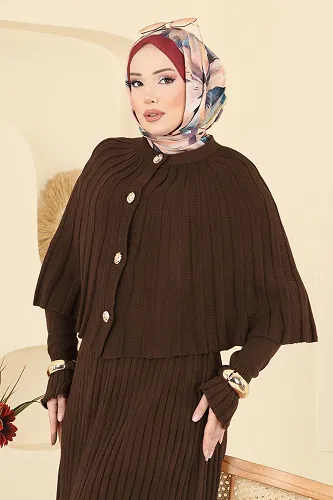 moda selvim Pelerin Detaylı Elbiseli Takım 4478BRZ597 Kahve - Thumbnail