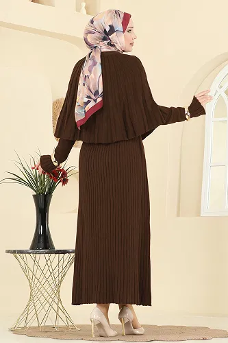 moda selvim Pelerin Detaylı Elbiseli Takım 4478BRZ597 Kahve - Thumbnail