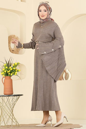 moda selvim Pelerin Detaylı Elbiseli Takım 4478BRZ597 Koyu Vizyon - Thumbnail