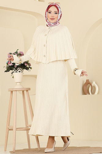 moda selvim Pelerin Detaylı Elbiseli Takım 4478BRZ597 Taş - Thumbnail