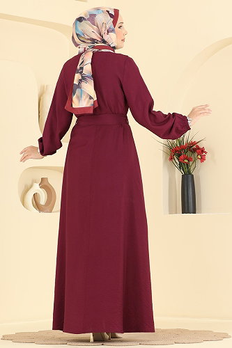 moda selvim Pelerin Detaylı Kemerli Elbise 409ASN888 Bordo - Thumbnail