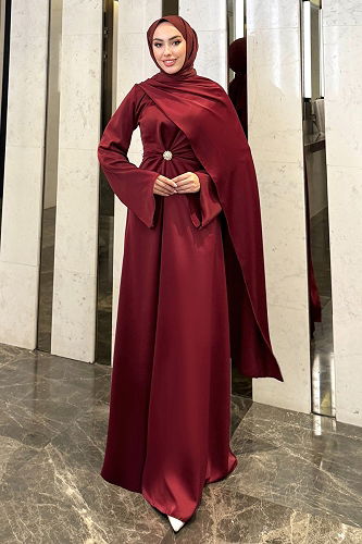 moda selvim Pelerin Detaylı Saten Abiye 4664ALGK1170 Bordo - Thumbnail