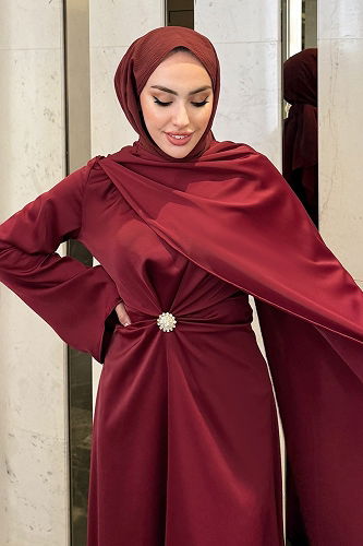 moda selvim Pelerin Detaylı Saten Abiye 4664ALGK1170 Bordo - Thumbnail