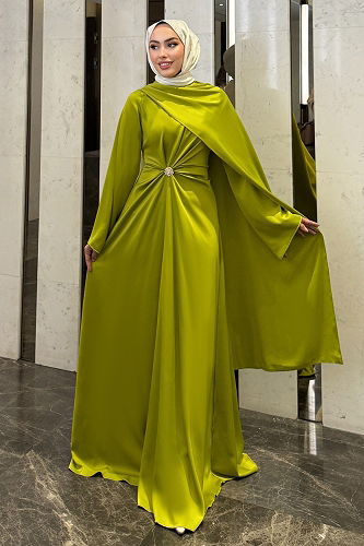 moda selvim Pelerin Detaylı Saten Abiye 4664ALGK1170 Yağ Yeşili - Thumbnail