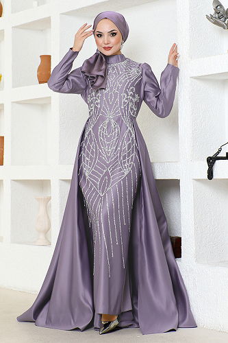 moda selvim Pelerin Detaylı Saten Abiye YGS6546-M Lila - Thumbnail