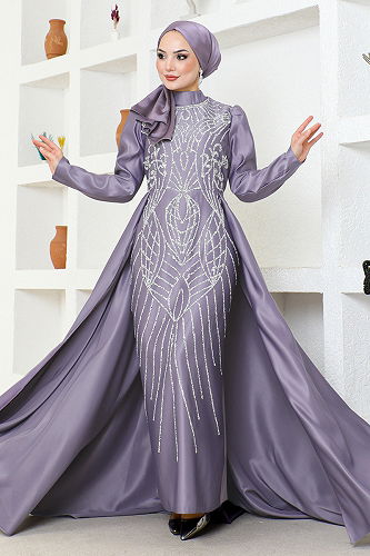moda selvim Pelerin Detaylı Saten Abiye YGS6546-M Lila - Thumbnail