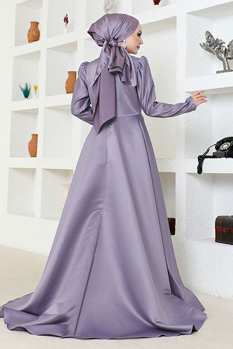 moda selvim Pelerin Detaylı Saten Abiye YGS6546-M Lila - Thumbnail