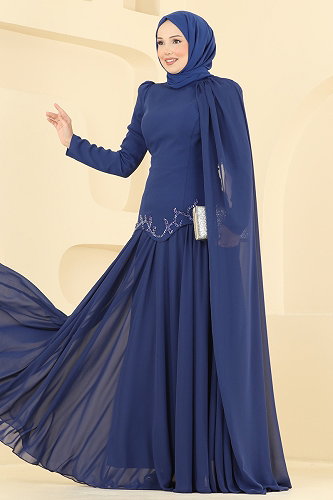 moda selvim Pelerin Detaylı Şifon Abiye 5608DMNK1166 Açık Laci - Thumbnail