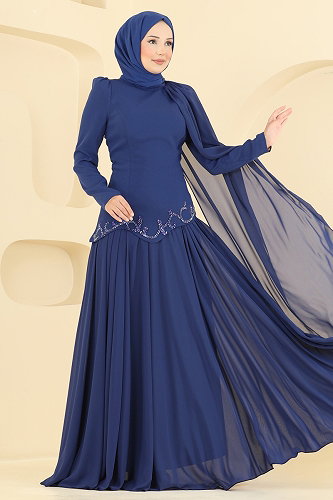 moda selvim Pelerin Detaylı Şifon Abiye 5608DMNK1166 Açık Laci - Thumbnail