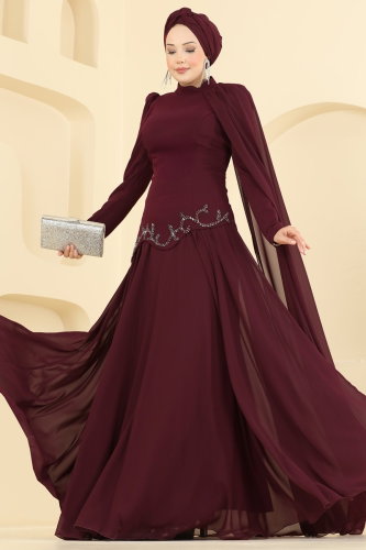 D.M.N.K. - Pelerin Detaylı Şifon Abiye 5608DMNK1166 Bordo