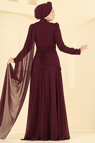 moda selvim Pelerin Detaylı Şifon Abiye 5608DMNK1166 Bordo - Thumbnail
