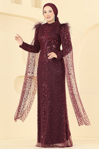 moda selvim Pelerin Detaylı Şık Abiye 1108MHR1107 Bordo - Thumbnail