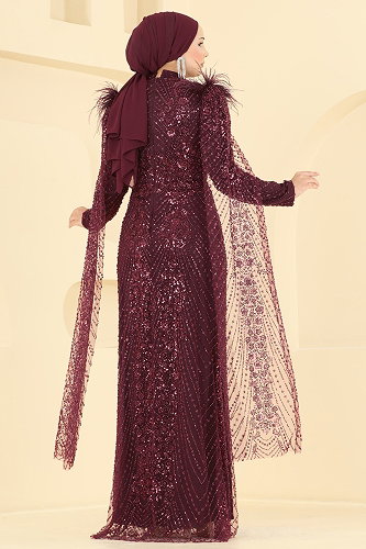 moda selvim Pelerin Detaylı Şık Abiye 1108MHR1107 Bordo - Thumbnail