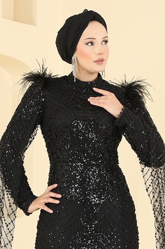 moda selvim Pelerin Detaylı Şık Abiye 1108MHR1107 Siyah - Thumbnail