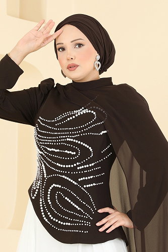 moda selvim Pelerin Detaylı Şık Abiye 257DMNK1166 Acı Kahve - Thumbnail