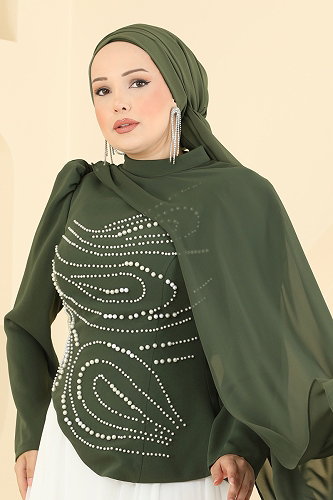 moda selvim Pelerin Detaylı Şık Abiye 257DMNK1166 Haki - Thumbnail