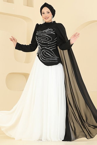moda selvim Pelerin Detaylı Şık Abiye 257DMNK1166 Siyah - Thumbnail