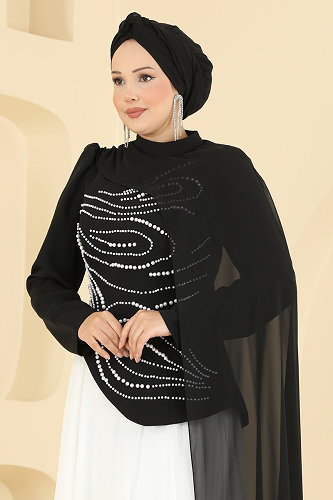 moda selvim Pelerin Detaylı Şık Abiye 257DMNK1166 Siyah - Thumbnail