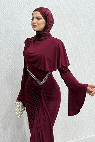 moda selvim Pelerin Detaylı Şık Abiye 4724ALGK1170 Bordo - Thumbnail
