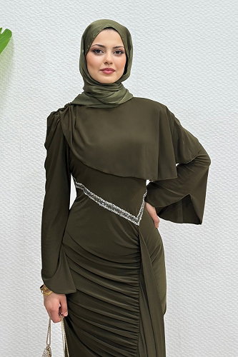 moda selvim Pelerin Detaylı Şık Abiye 4724ALGK1170 Haki - Thumbnail