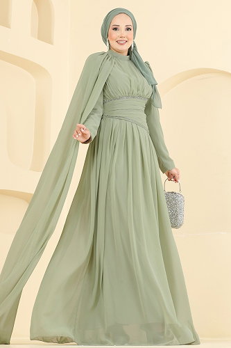 moda selvim Pelerin Detaylı Şık Abiye 5766DMNK1166 Çağla - Thumbnail
