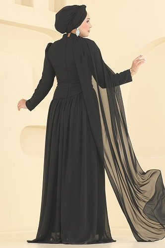 moda selvim Pelerin Detaylı Şık Abiye 5766DMNK1166 Siyah - Thumbnail
