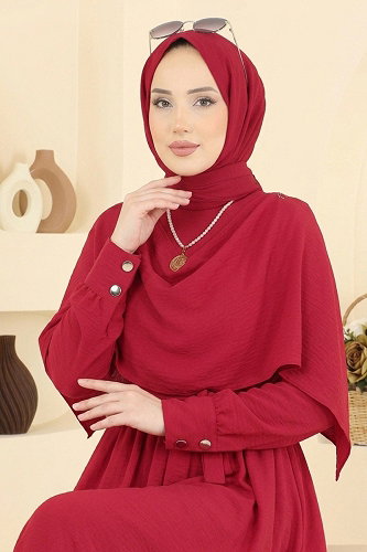 moda selvim Pelerin Detaylı Şık Elbise 004ZMRK1203 Kırmızı - Thumbnail