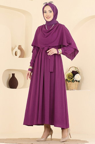 moda selvim Pelerin Detaylı Şık Elbise 004ZMRK1203 Mor - Thumbnail