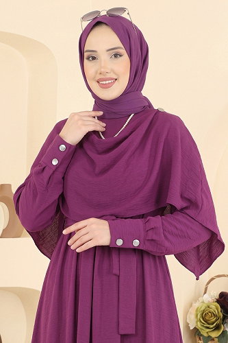 moda selvim Pelerin Detaylı Şık Elbise 004ZMRK1203 Mor - Thumbnail