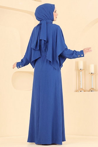 moda selvim Pelerin Detaylı Şık Elbise 004ZMRK1203 Saks - Thumbnail