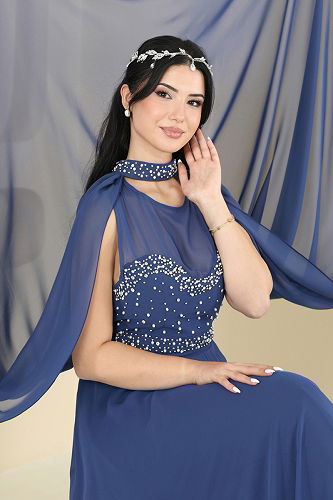 moda selvim Pelerin Detaylı Taşlı Abiye 8112AB368 Laci - Thumbnail