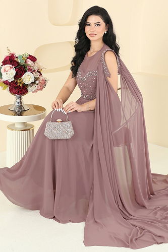 moda selvim Pelerin Detaylı Taşlı Abiye 8112AB368 Pudra Vizyon - Thumbnail