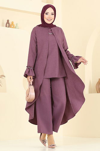 moda selvim Pelerin Görünümlü Sofia Takım 2702SL890-M Mürdüm - Thumbnail