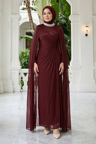 moda selvim Pelerin Kollu Şık Abiye 01247MHR1107 Bordo - Thumbnail