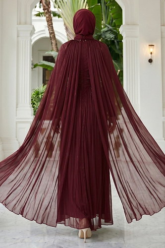 moda selvim Pelerin Kollu Şık Abiye 01247MHR1107 Bordo - Thumbnail