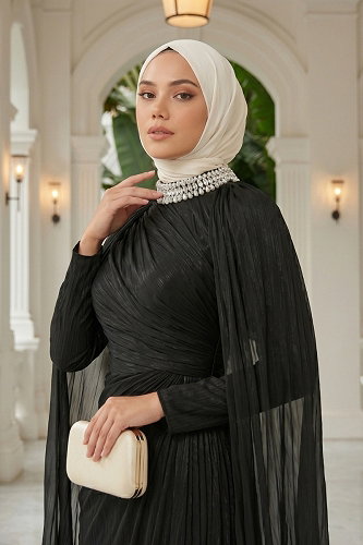 moda selvim Pelerin Kollu Şık Abiye 01247MHR1107 Siyah - Thumbnail