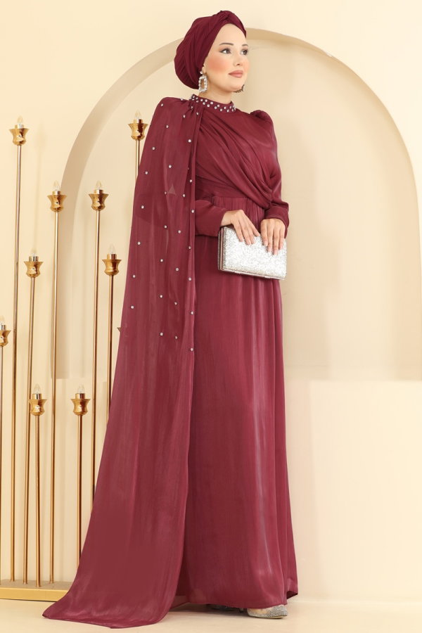 Modaselvim ABİYE Pelerini Taş Detaylı Abiye 4012ARL1089 Bordo