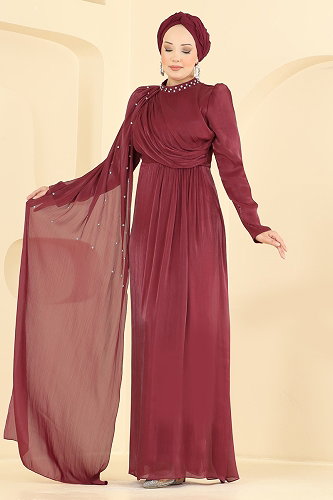 moda selvim Pelerini Taş Detaylı Abiye 4012ARL1089 Bordo - Thumbnail