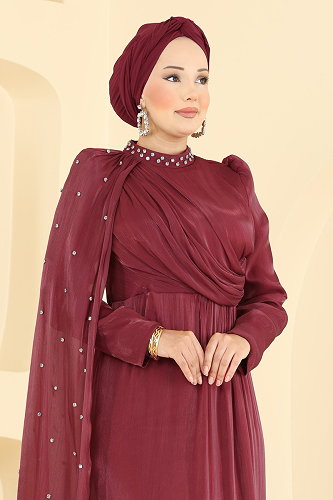 moda selvim Pelerini Taş Detaylı Abiye 4012ARL1089 Bordo - Thumbnail