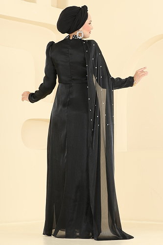 moda selvim Pelerini Taş Detaylı Abiye 4012ARL1089 Siyah - Thumbnail