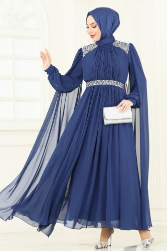 moda selvim Pelerinli Şifon Abiye 7101AB368 İndigo - Thumbnail