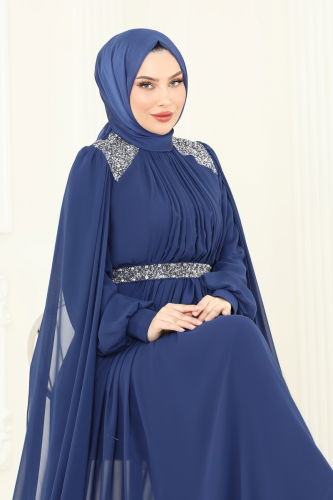 moda selvim Pelerinli Şifon Abiye 7101AB368 İndigo - Thumbnail
