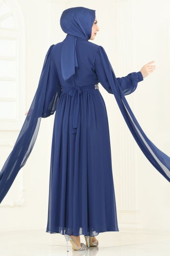 moda selvim Pelerinli Şifon Abiye 7101AB368 İndigo - Thumbnail